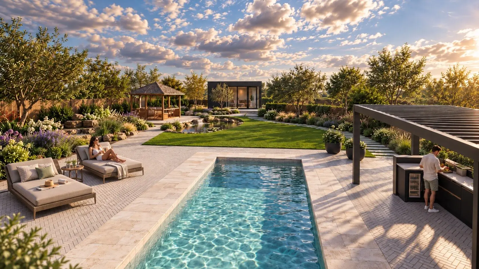 Photorealistic 3D design of the pool terrace with loungers, a pergola and an outdoor kitchen in a one-acre Surrey garden by Kitti Kovacs